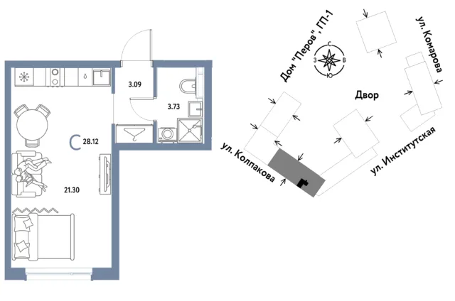 1 комн. Квартира 28.1 кв. м