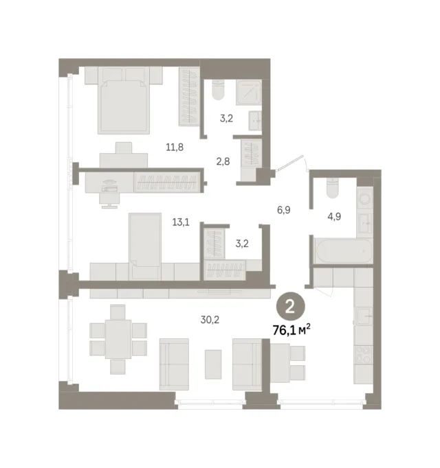 2 комн. Квартира 76.1 кв. м