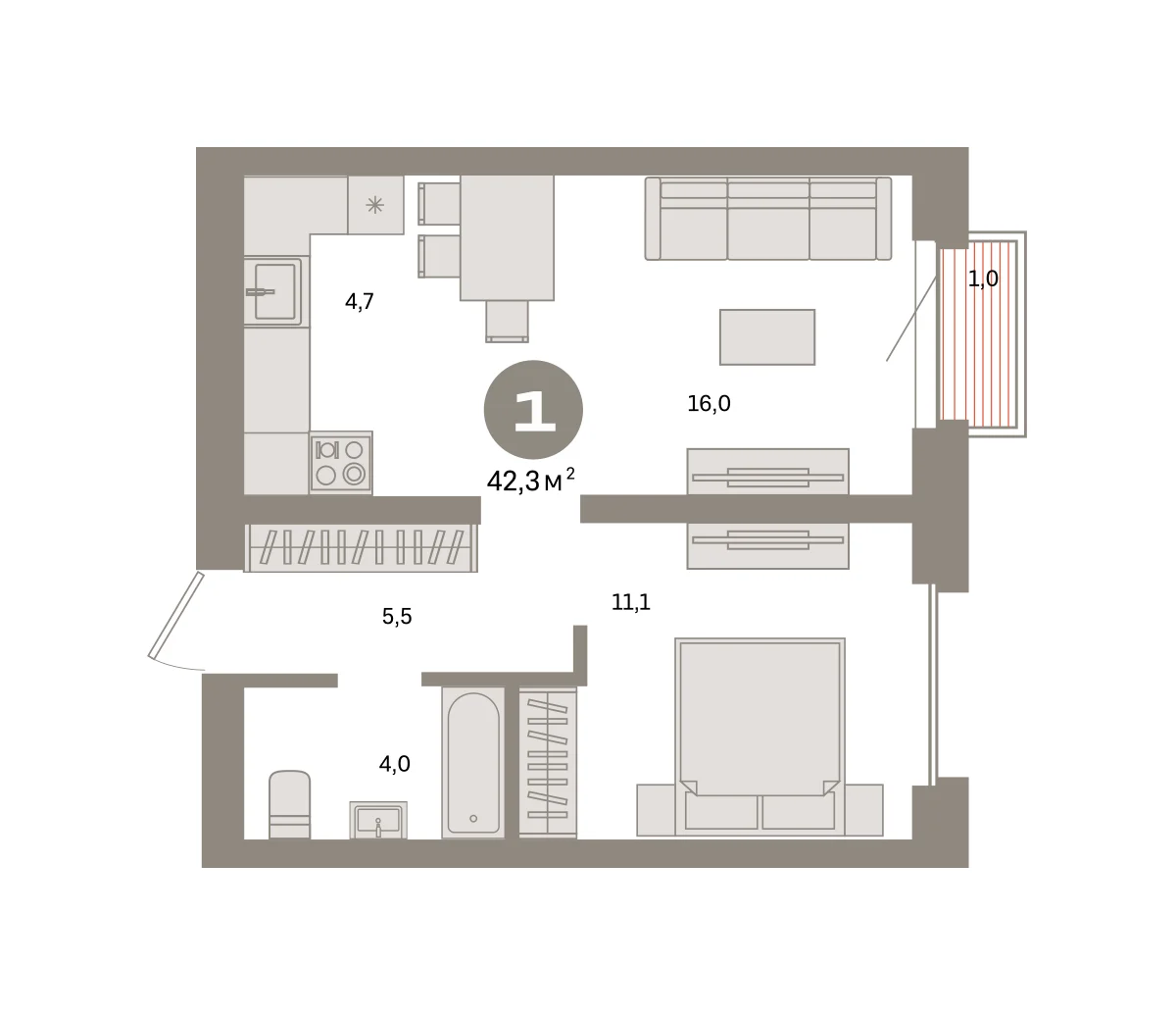 1 комн. Квартира 42.3 кв. м