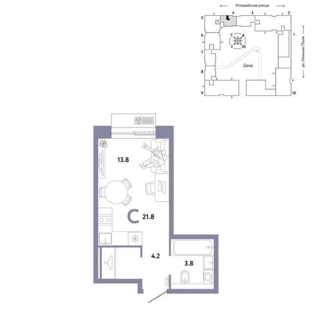 1 комн. Квартира 21.8 кв. м