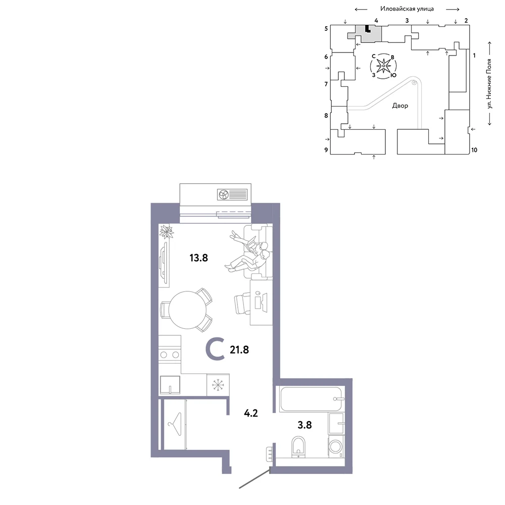 1 комн. Квартира 21.8 кв. м