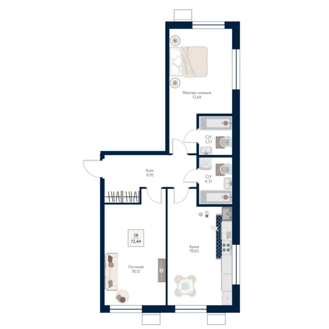 2 комн. Квартира 72.4 кв. м