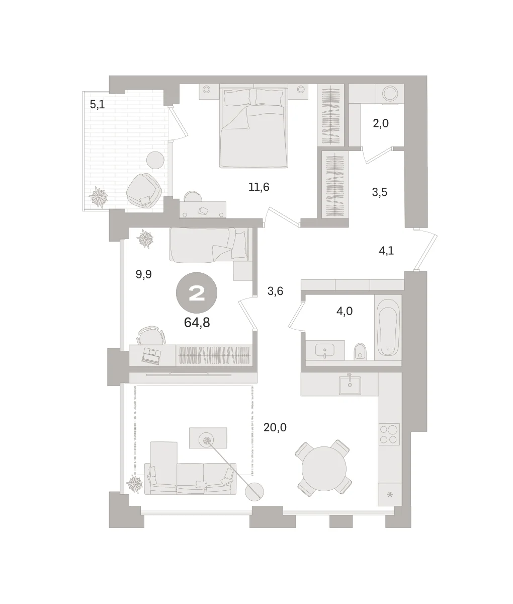 2 комн. Квартира 64.8 кв. м