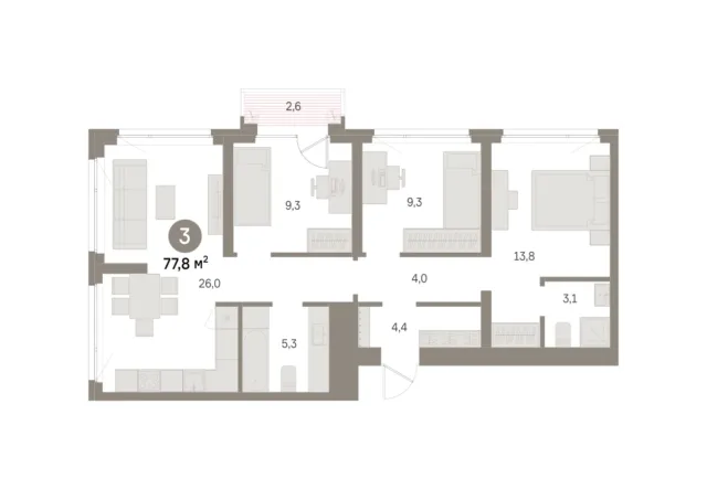 3 комн. Квартира 77.8 кв. м