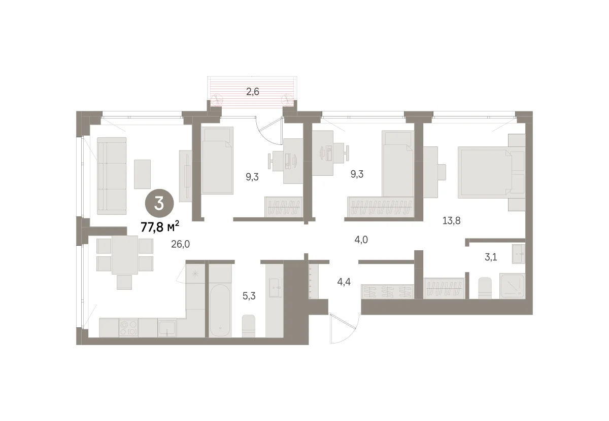 3 комн. Квартира 77.8 кв. м