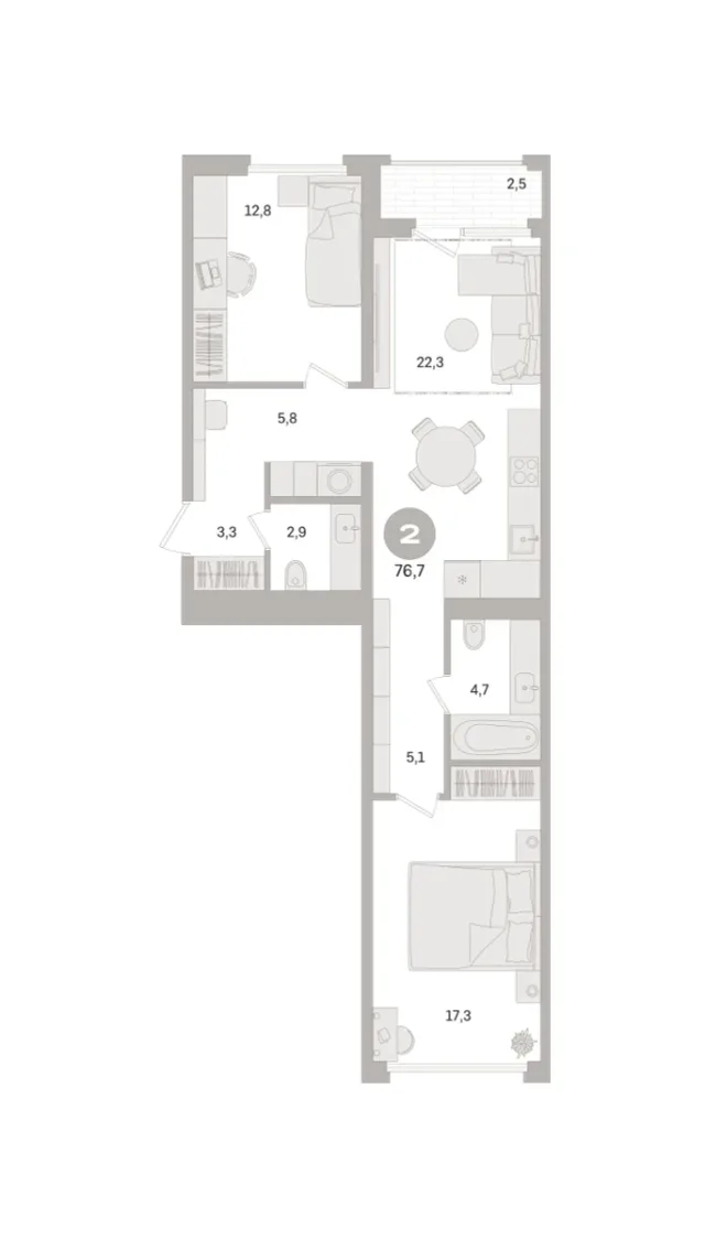 2 комн. Квартира 76.7 кв. м