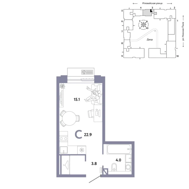 1 комн. Квартира 22.9 кв. м