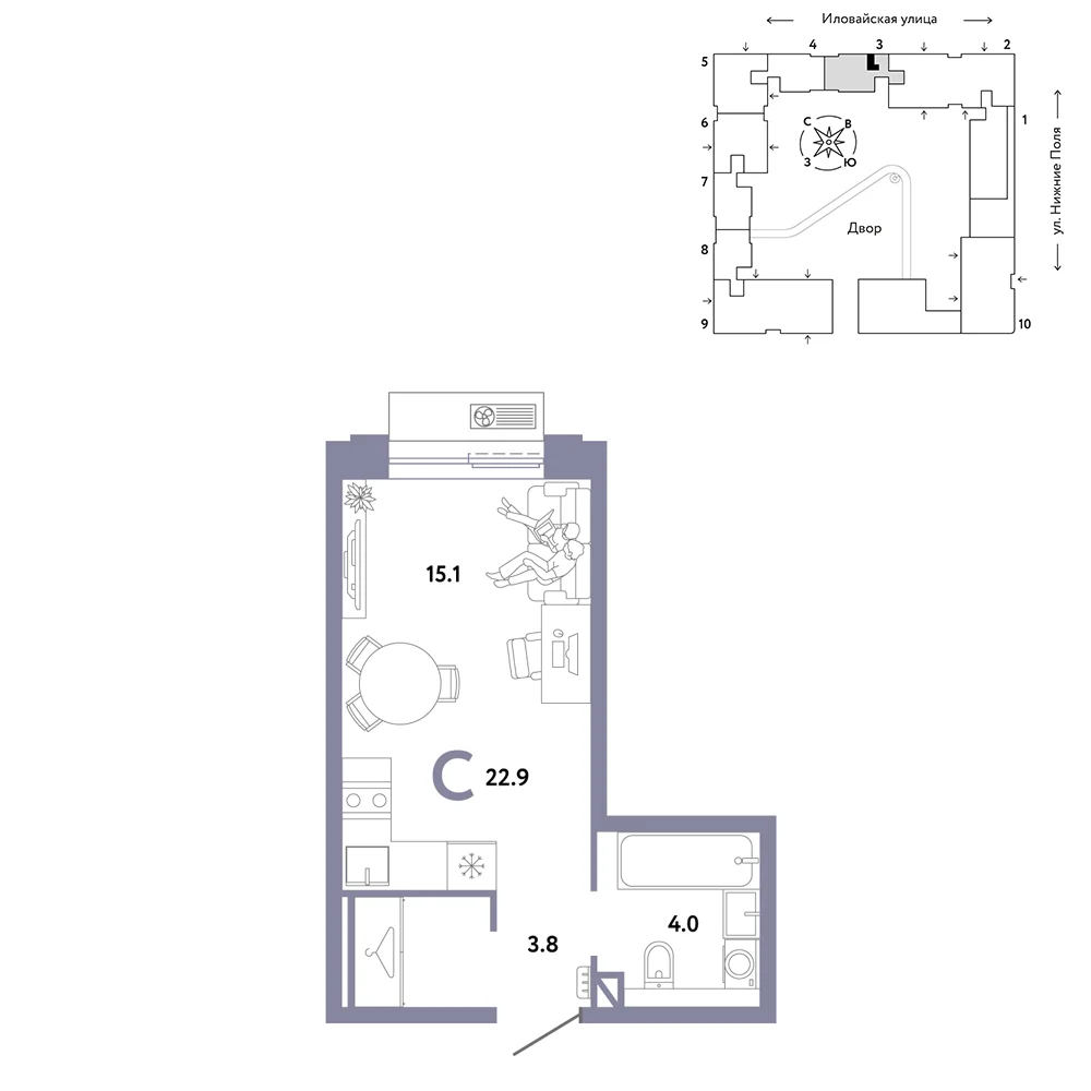 1 комн. Квартира 22.9 кв. м