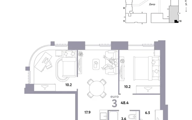 3 комн. Квартира 48.4 кв. м, Москва