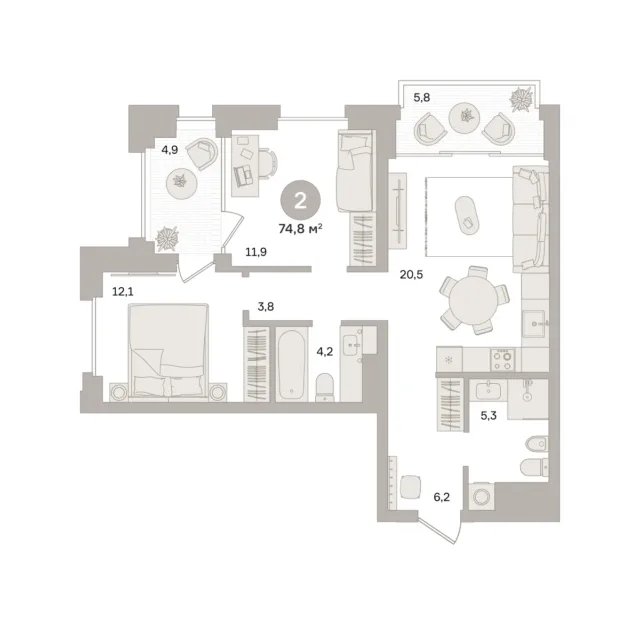 2 комн. Квартира 74.8 кв. м