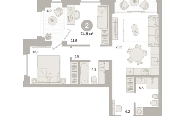 2 комн. Квартира 74.8 кв. м, Московская область Москва