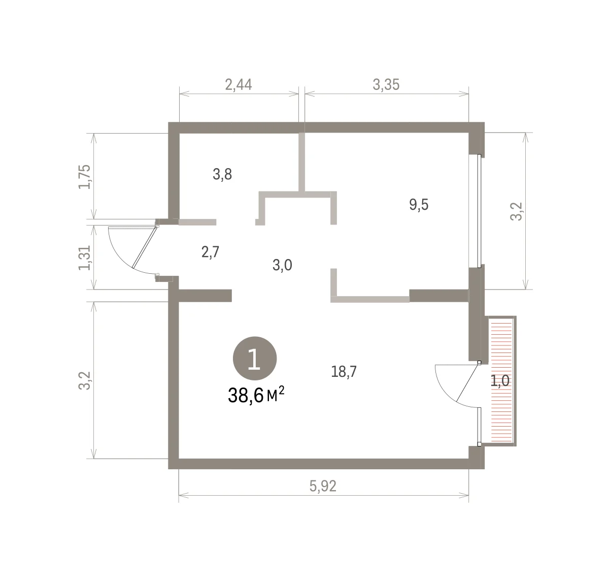 1 комн. Квартира 38.7 кв. м