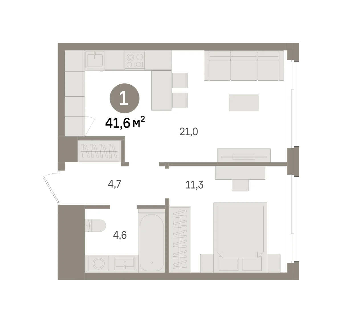 1 комн. Квартира 41.6 кв. м
