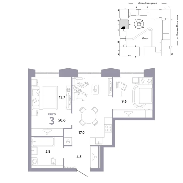3 комн. Квартира 50.6 кв. м