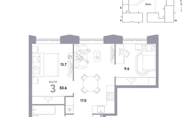 3 комн. Квартира 50.6 кв. м, Москва