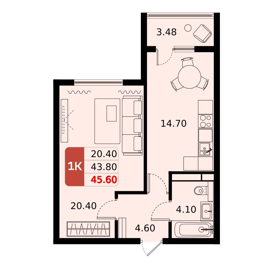 1 комн. Квартира 45.6 кв. м