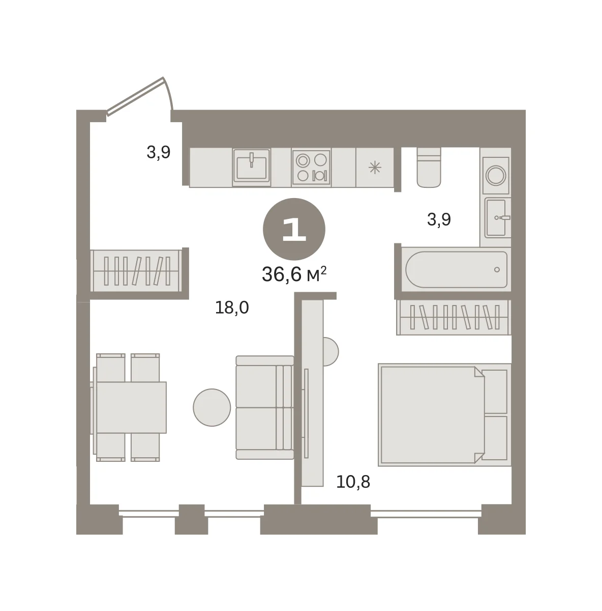1 комн. Квартира 36.6 кв. м