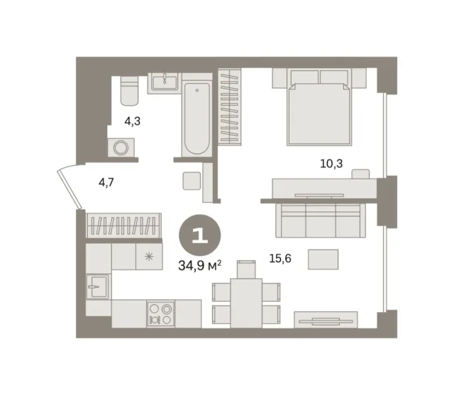 1 комн. Квартира 34.9 кв. м