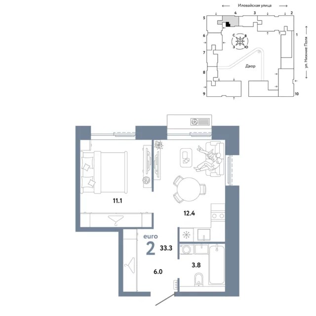 2 комн. Квартира 33.3 кв. м