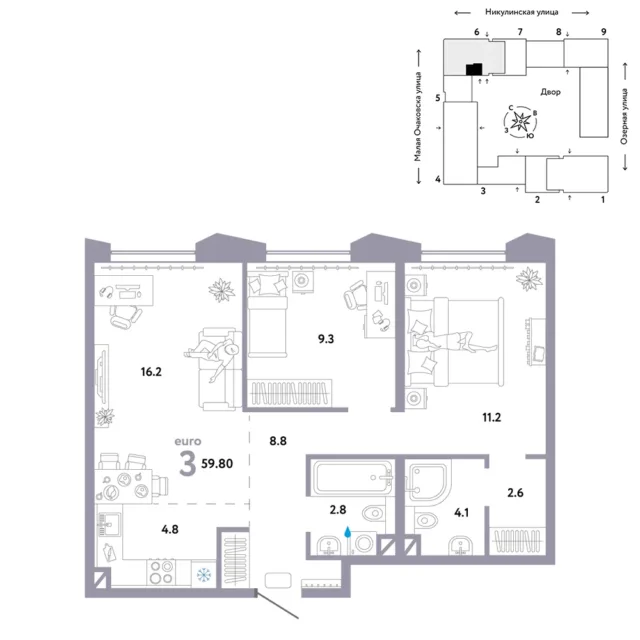 3 комн. Квартира 59.9 кв. м