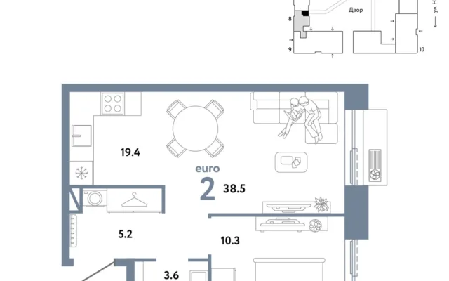 2 комн. Квартира 38.5 кв. м, Москва
