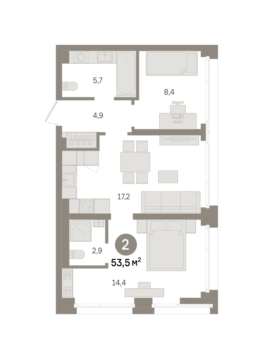 2 комн. Квартира 53.5 кв. м