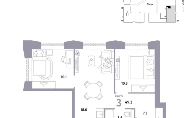 3 комн. Квартира 49.3 кв. м, Москва