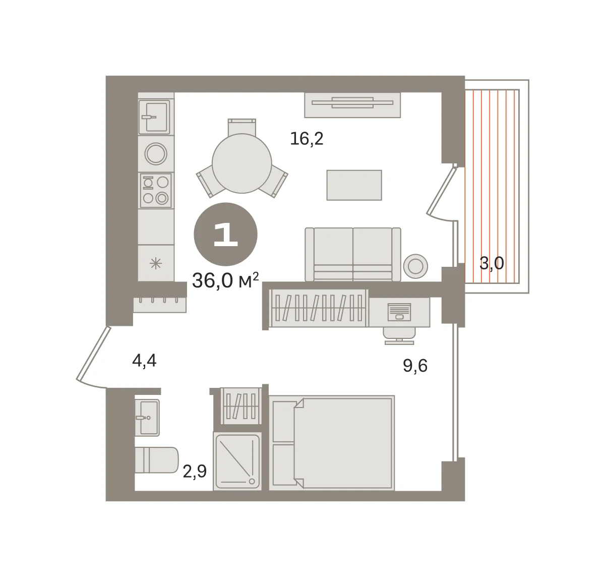 1 комн. Квартира 36 кв. м