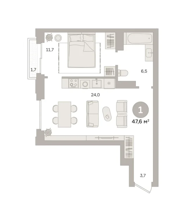 1 комн. Квартира 47.6 кв. м