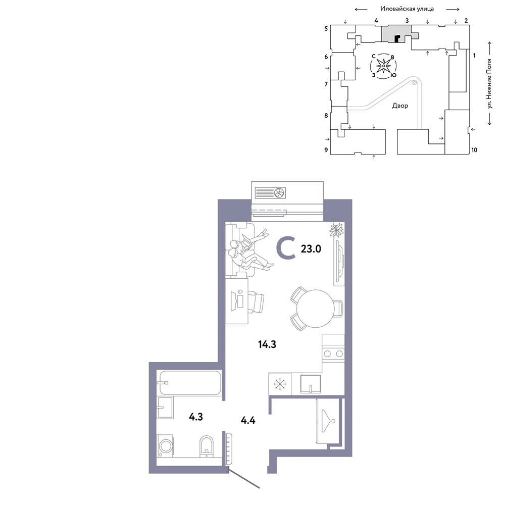 1 комн. Квартира 23 кв. м