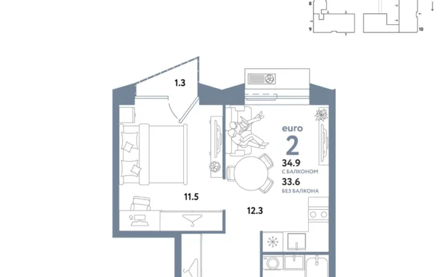 2 комн. Квартира 34.9 кв. м, Москва