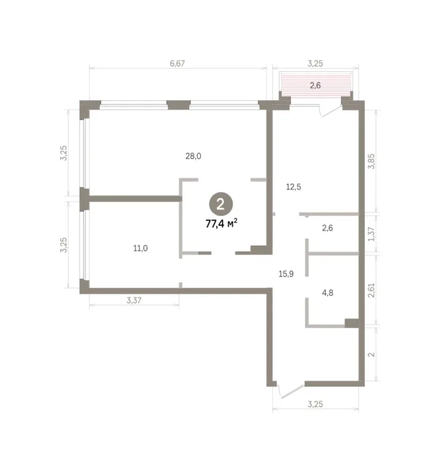 2 комн. Квартира 77.4 кв. м
