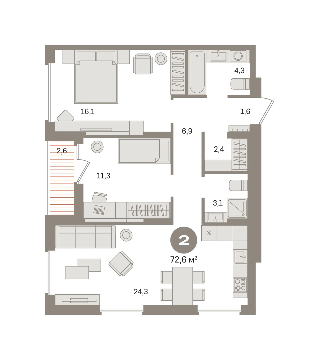 2 комн. Квартира 72.6 кв. м