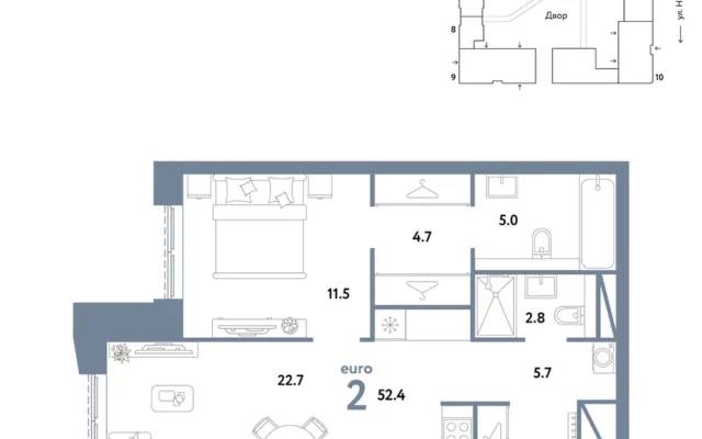 2 комн. Квартира 52.4 кв. м, Москва