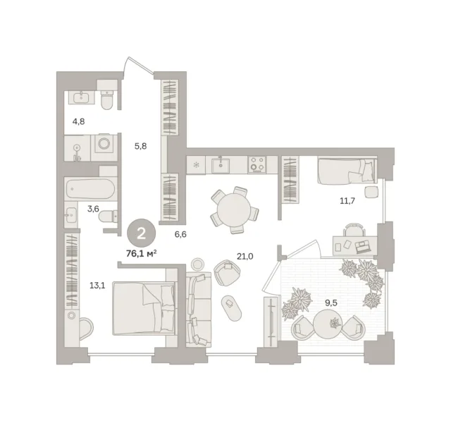 2 комн. Квартира 76.1 кв. м
