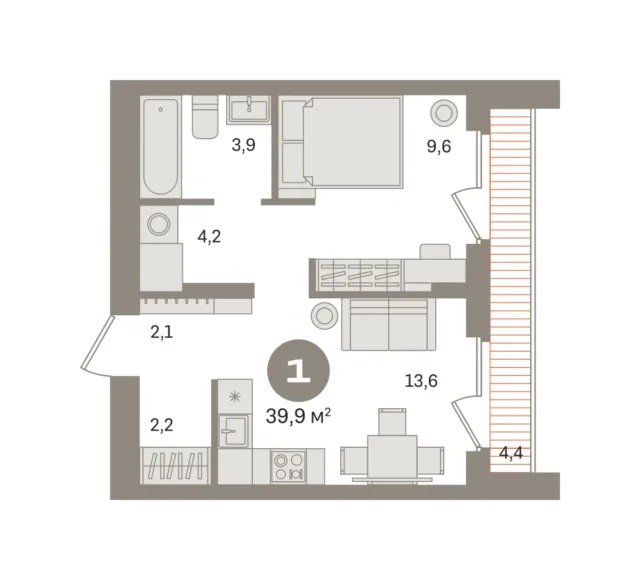 1 комн. Квартира 39.9 кв. м