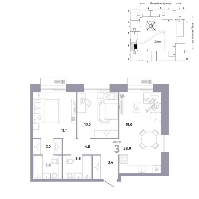 3 комн. Квартира 58.9 кв. м