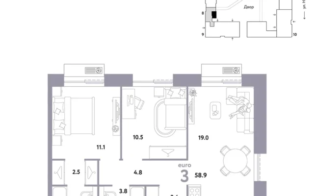 3 комн. Квартира 58.9 кв. м, Москва
