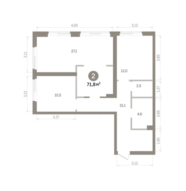 2 комн. Квартира 71.8 кв. м