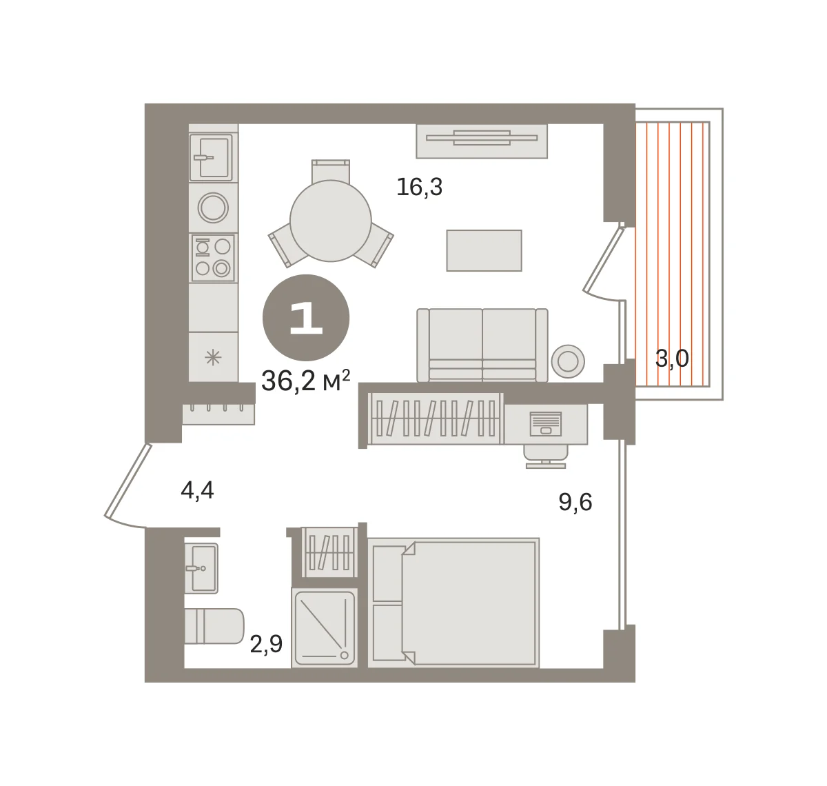 1 комн. Квартира 36.2 кв. м