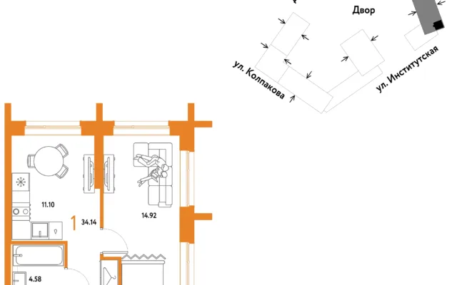 1 комн. Квартира 34.1 кв. м, Москва