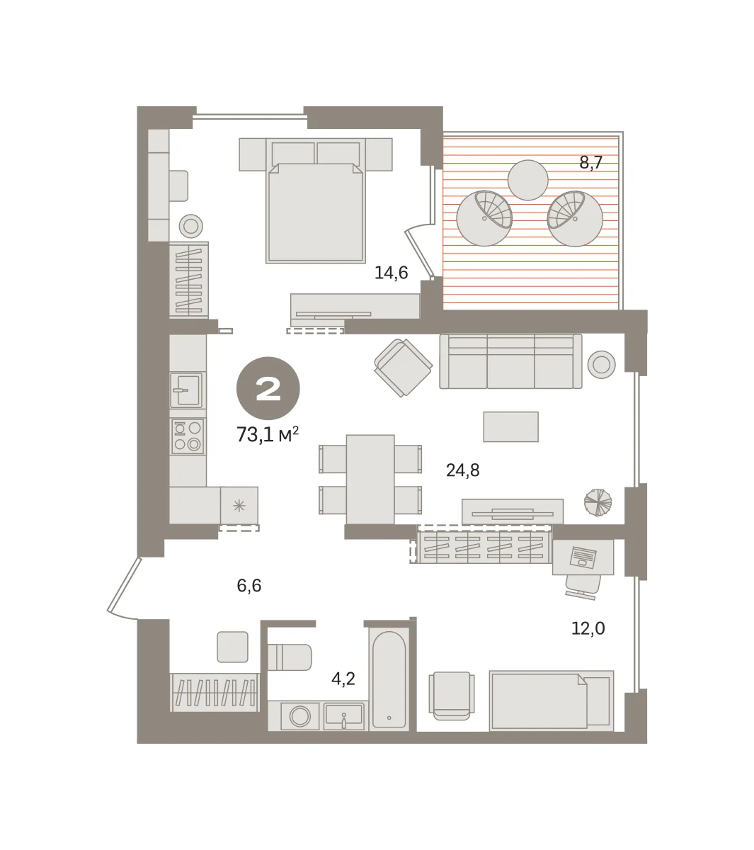 2 комн. Квартира 73.1 кв. м