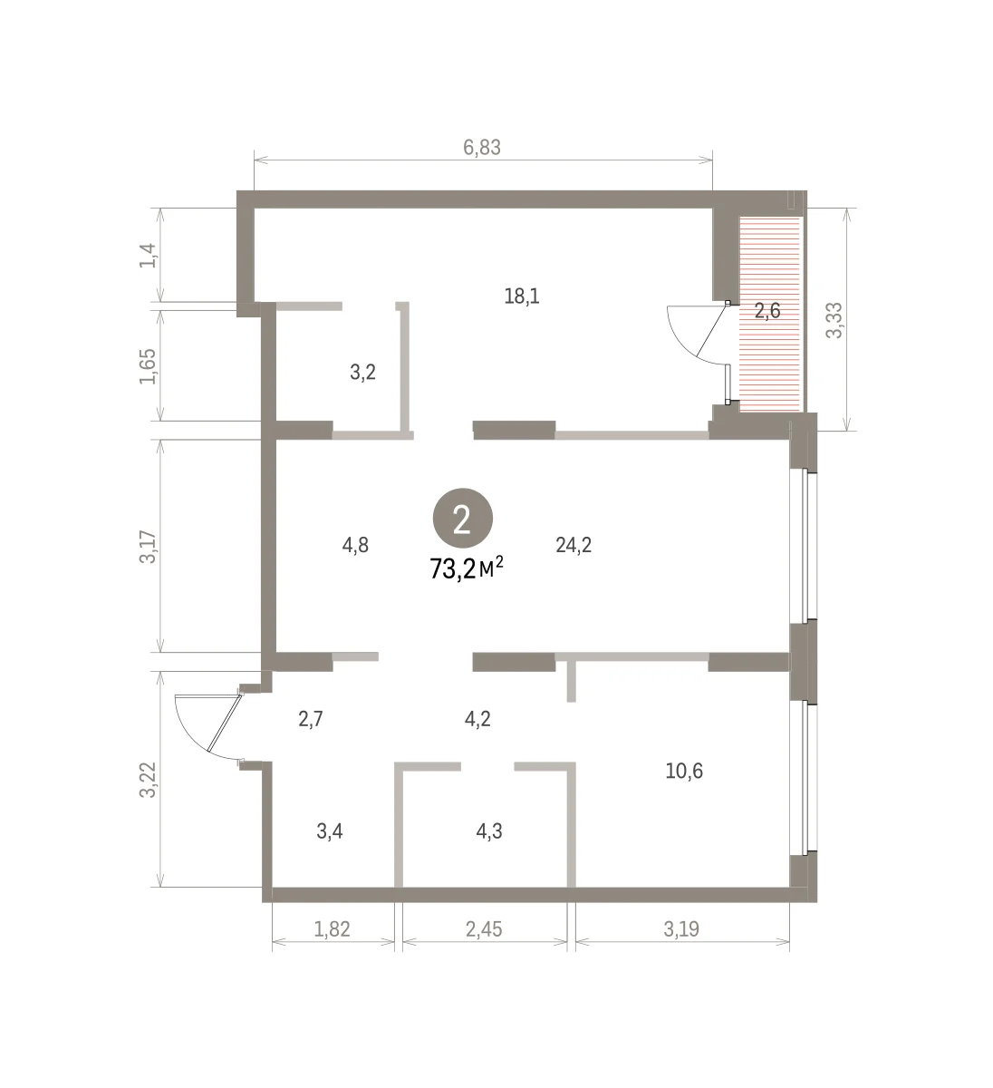 2 комн. Квартира 73.2 кв. м