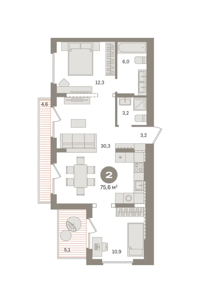 2 комн. Квартира 75.6 кв. м
