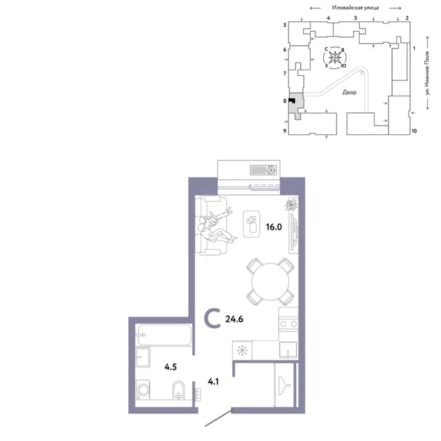 1 комн. Квартира 24.6 кв. м