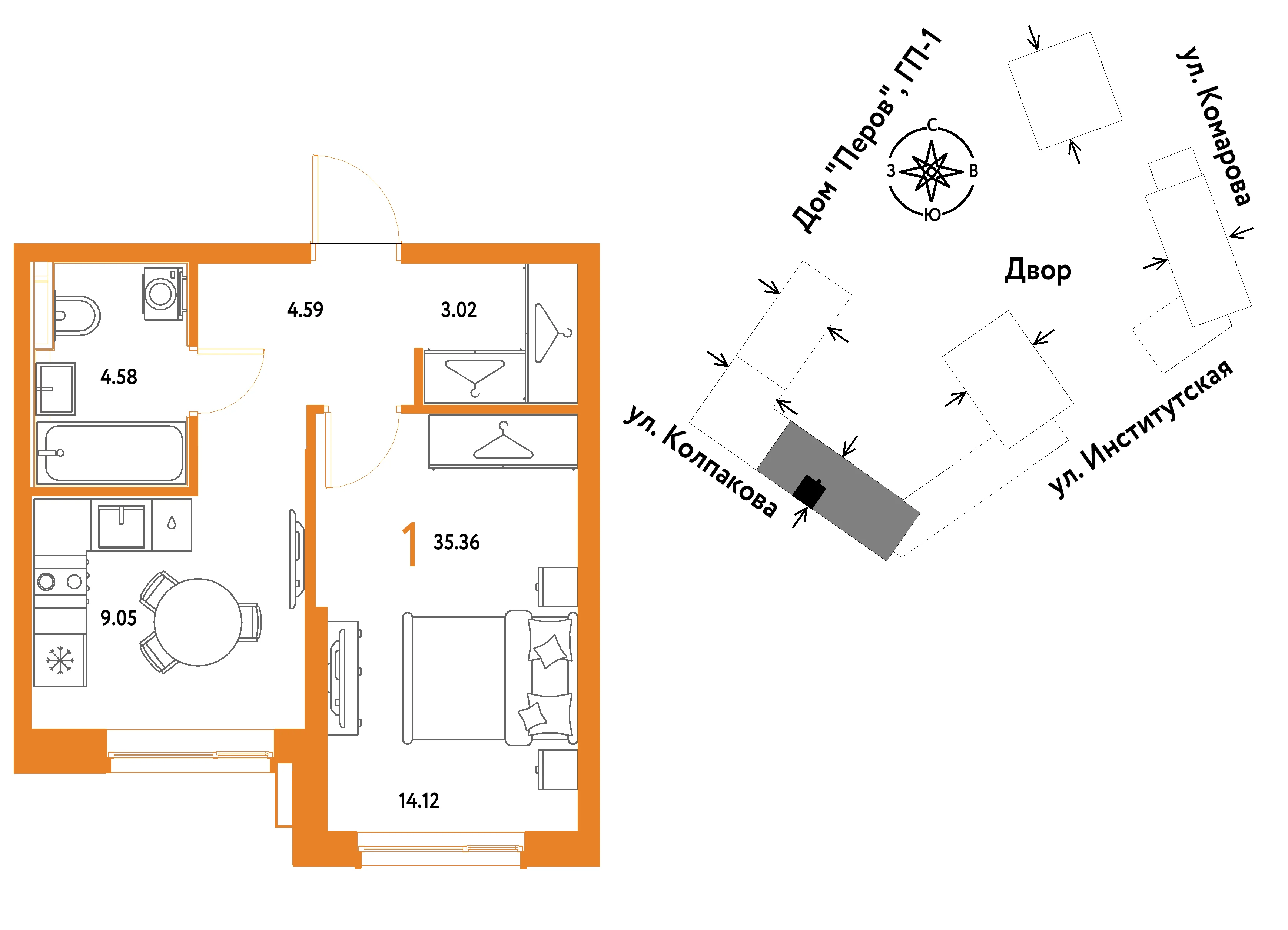 1 комн. Квартира 35.4 кв. м