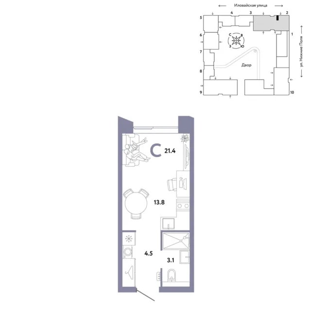 1 комн. Квартира 21.4 кв. м