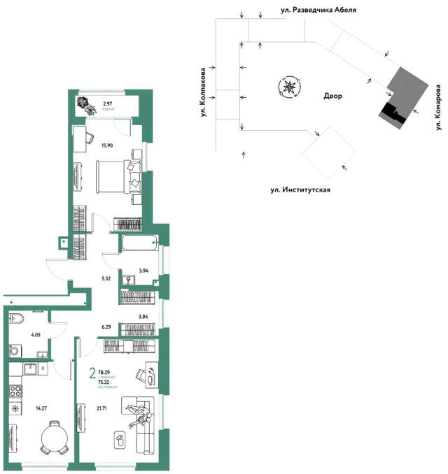 2 комн. Квартира 78.3 кв. м
