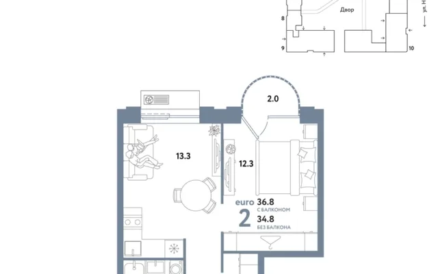 2 комн. Квартира 36.8 кв. м, Москва