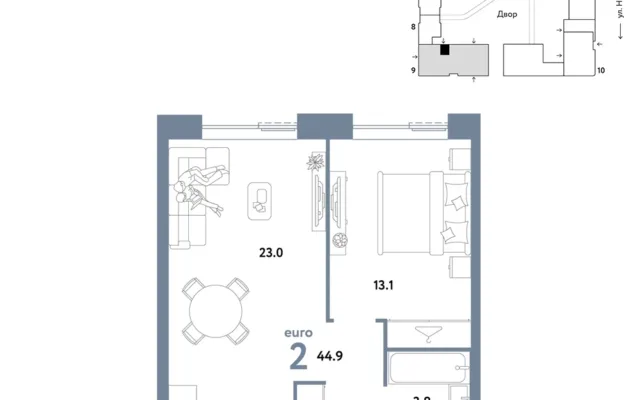 2 комн. Квартира 44.9 кв. м, Москва